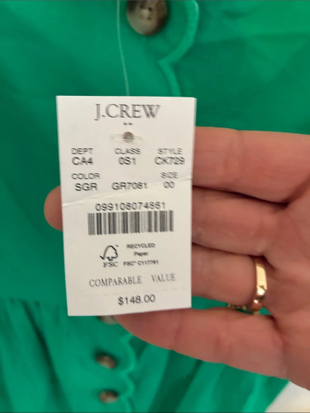 J. Crew Emerald Green Scallop-Trim Button-Front Midi Dress